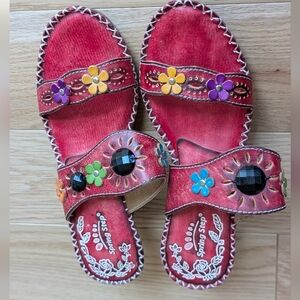 Spring Step Women’s Red Floral Leather Beaded Slide Sandals Size 37 / 7